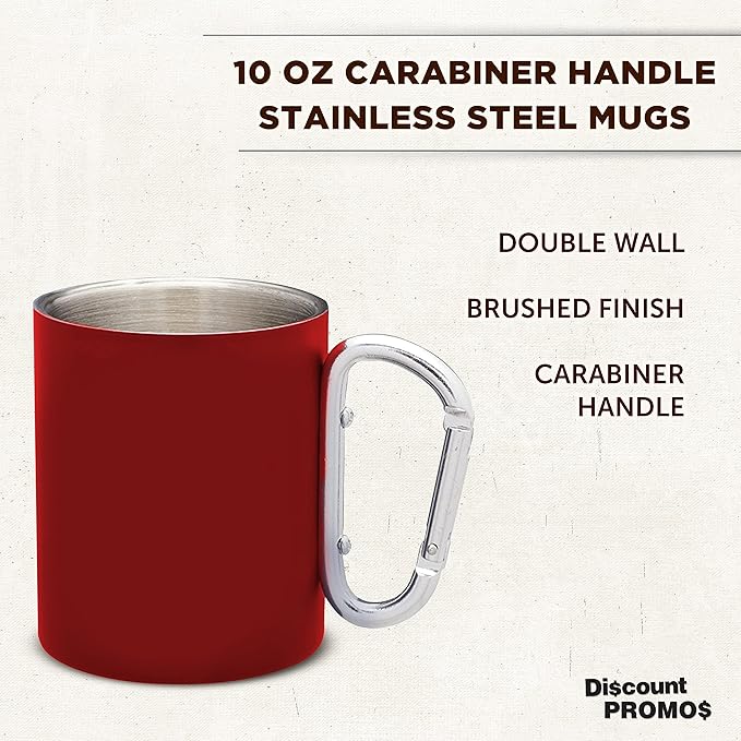 DISCOUNT PROMOS Stainless Steel Mugs with Carabiner Handle 10 oz. Set of 10, Bulk Pack - Perfect for Coffee, Soda, Other Hot & Cold Beverages - Red