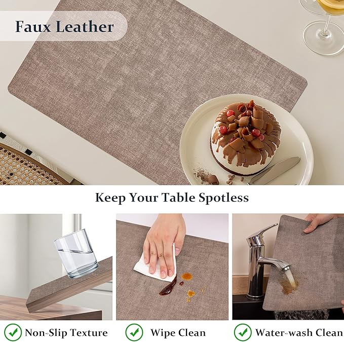 FROMHEART Faux Leather Placemats Set of 6–Waterproof,Heat/Oil Stain-Resistant PU Table Mat–Reversible,Non-Slip,Easy to Clean Place Mats for Kitchen,Dining,Indoor/Outdoor,(Dark Coffee,11.8" x 17")