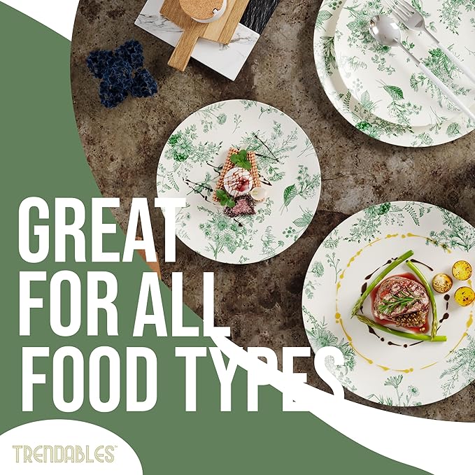 Trendables 80 Piece Plastic Disposable Plates Set For 40 Guests I 40 X 8 Inch Dessert Plates & 40 X 10 Inch Wedding Party Plates | Ivory & Green Verdure Design