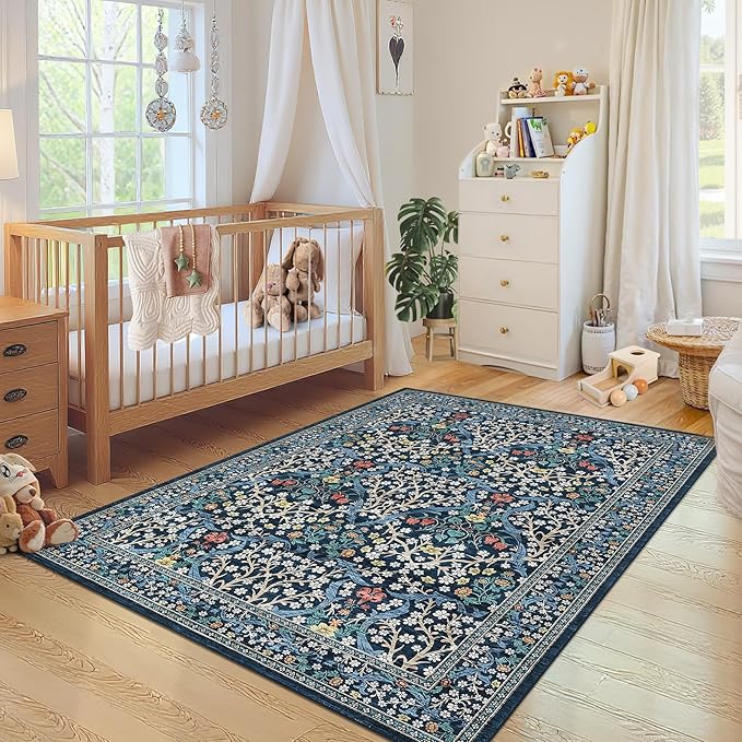 GarveeHome 4x6 Washable Area Rug for Living Room, Floral Large Entryway Kitchen Rug Non Slip, Ultra Soft Stain Resistance Carpet for Bedroom Laundry Room, Dark Blue