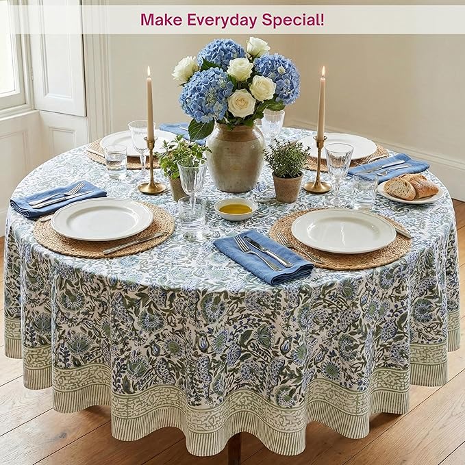 ATOSII Clover Blue 100% Cotton Round Boho Fall Tablecloth, Handblock Floral Table Cloth Linen for Kitchen Dining I Parties Outdoors Christmas Thanksgiving Fall Home Decor 72" Inches Round I 4-6 Seater