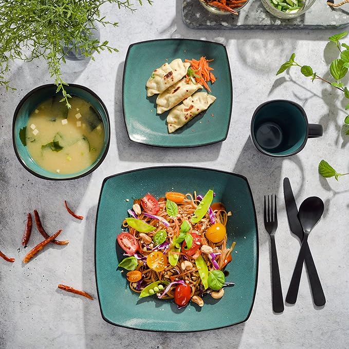 Gibson Elite Soho Lounge 16-Piece Reactive Glaze Dinnerware Set – Teal and Black Tutone Stoneware Plates and Bowls