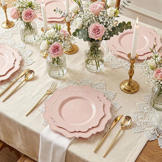 COLOSUS 60 Pack Pink Plastic Plates Set for 30 Guest,Pink Party Plates,Heavy Duty Pink Plates,include 30 Dinner plates& 30 Salad/Dessert plates for Party,Spring,Wedding,Birthday,Valentines,Easter Day