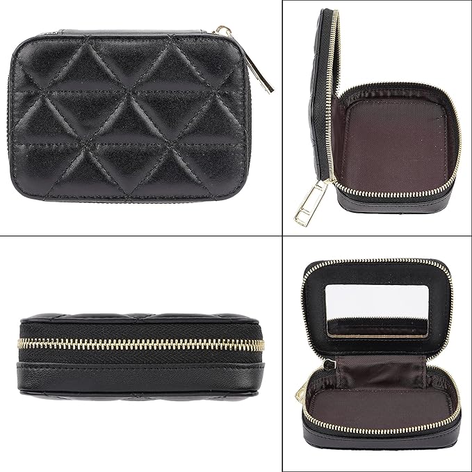 Lipstick Holder with Mirror for Purse, Genuine Leather Makeup Case, Compact Zippered Travel Cosmetic Organizer, Black