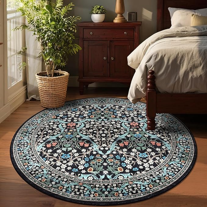 GarveeHome Black Floral 6 ft Round Rug Washable Non-Slip Soft Low Pile Circle Carpet Vintage Rugs for Kitchen Bedroom Nursery Dining Living Room