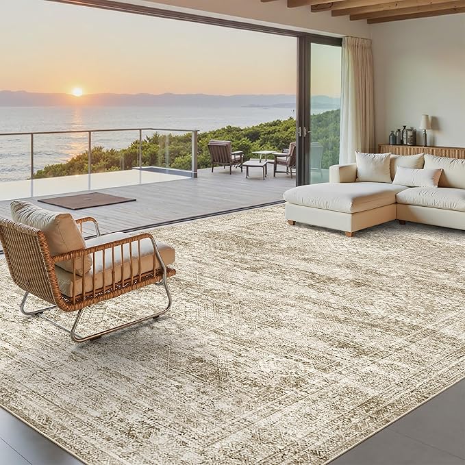 12x15 Washable Area Rug Brown Neutral Abstract Living Room Large Carpet Non Slip Bedroom Indoor Office Dining Room Low Pile Thin Rug
