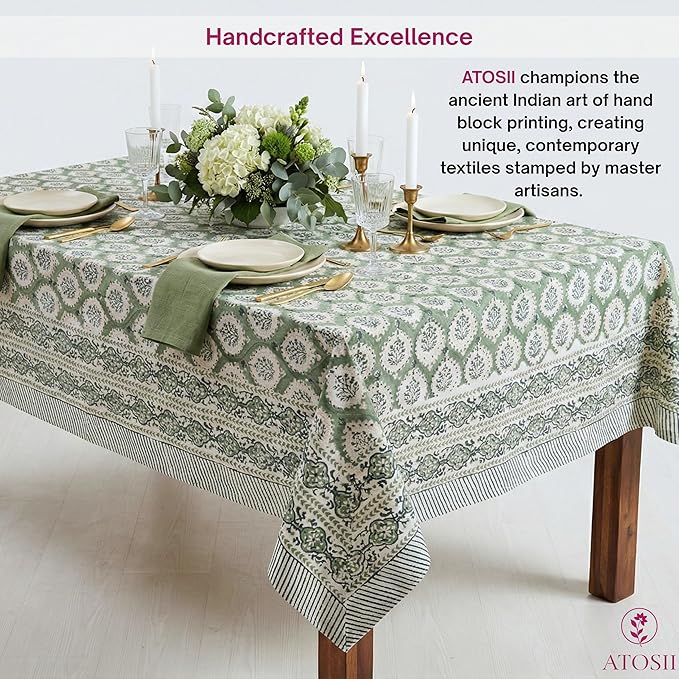 ATOSII Kari Green 100% Cotton Rectangle Fall Tablecloth, Block Print Floral Table Cloth Linen for Dining, Parties, Outdoors, Christmas, Thanksgiving, Grandmillennial Decor 60 X 90 Inches I 6 Seater