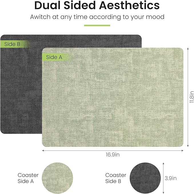 Placemats Set of 6, Faux Leather Heat Resistant Wipeable Placemats, Dual Sided Waterproof Washable Table Mats with Coaster, Suitable for Kitchen, Dining, Table Decor (6, Black Light Green)