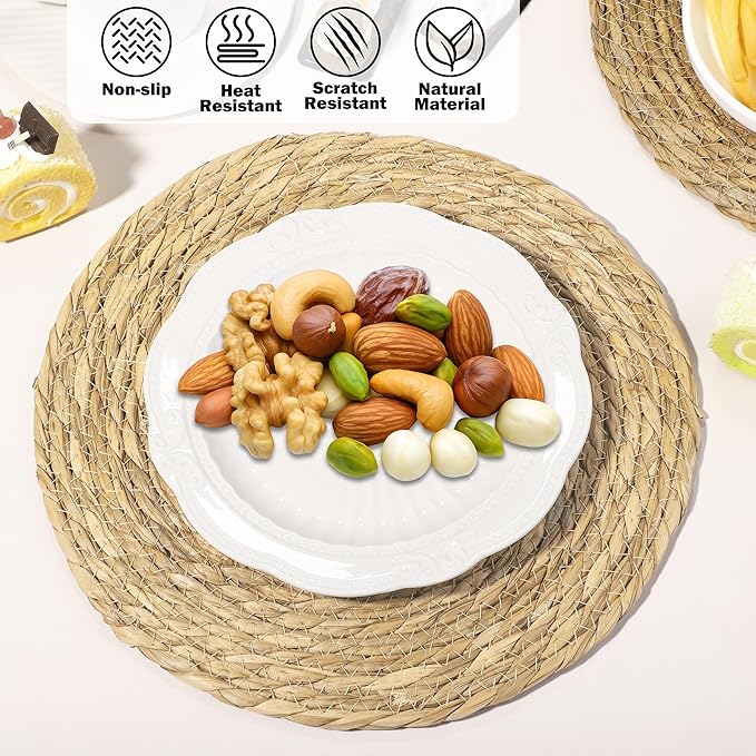 Elcoho 10 Pieces Round Woven Placemats 12 Inch Boho Rattan Placemats Farmhouse Braided Place Mats Woven Plate Chargers Rustic Wicker Table Mats for Dining Table