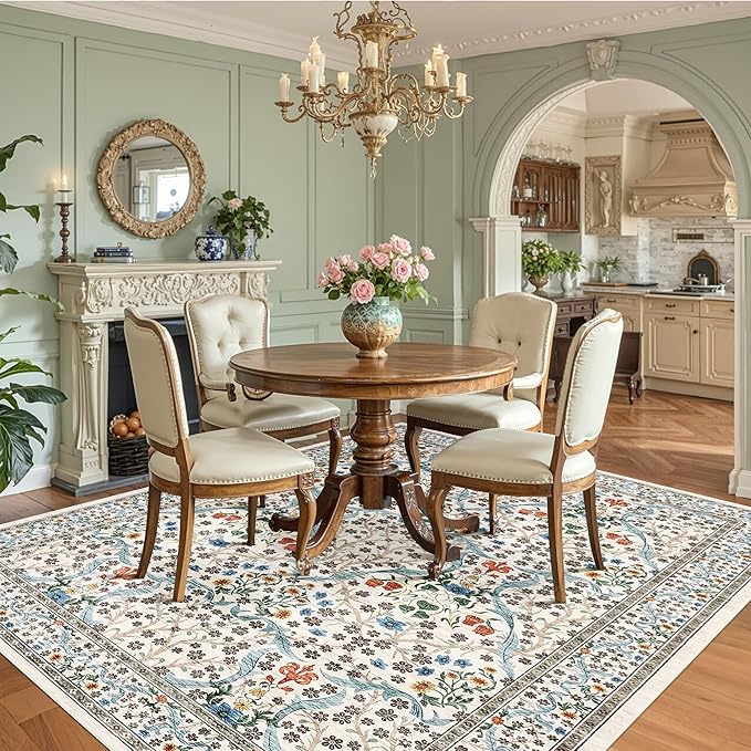 GarveeHome 8x10 Area Rugs, Washable Rugs for Living Room Non Slip Stain Resistant Ultra Soft Floral Rug, Boho Carpet Floor Mat for Bedroom Dining Room Nursery Playroom Office, Beige