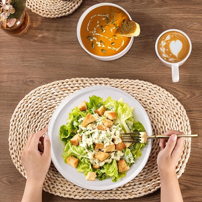 AmorArc Ceramic Dinnerware Set for 4 | Speckled Stoneware Plates and Bowls with unglazed terracotta | Scratch Resistant, Dishwasher & Microwave Safe Dishes Sets- 12-Pcs Milk White