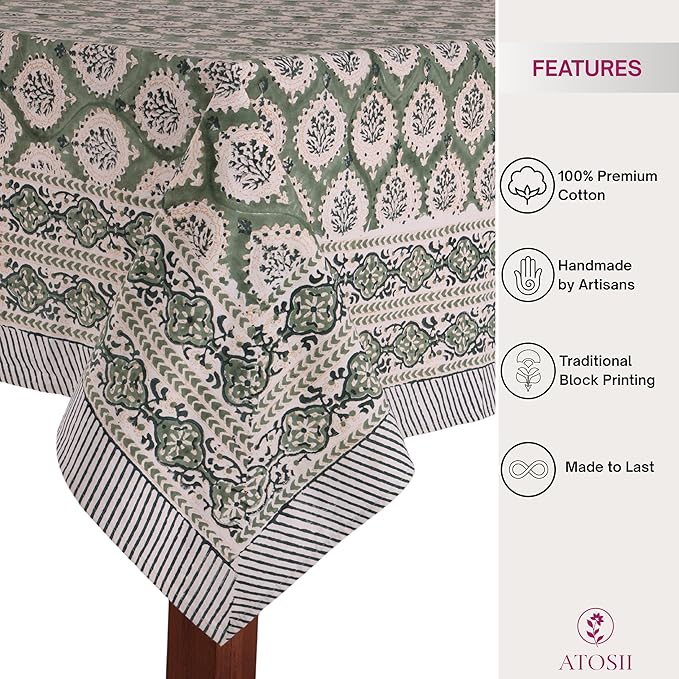 ATOSII Kari Green 100% Cotton Rectangle Boho Summer Tablecloth, Block Print Floral Table Cloth Linen for Dining, Parties, Wedding, Outdoors Home Decor 72 X 108 Inches I 8 Seater I