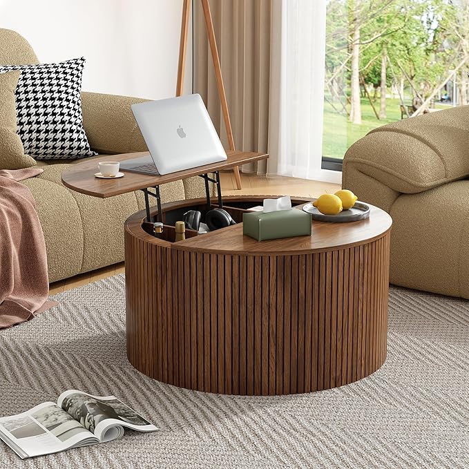 Mid Century Round Fluted Lift Top Coffee Table, Modern Center Table with Storage and Compartment, 2 Tier Small Circle Dining Table, for Living Room, Home Small Space, Walnut Oak-1