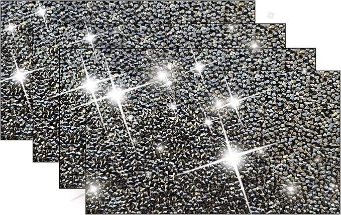 Black Square Placemats - Heat Resistant Mat Set of 4 with Rhinestone Decor and Sparkly Bling