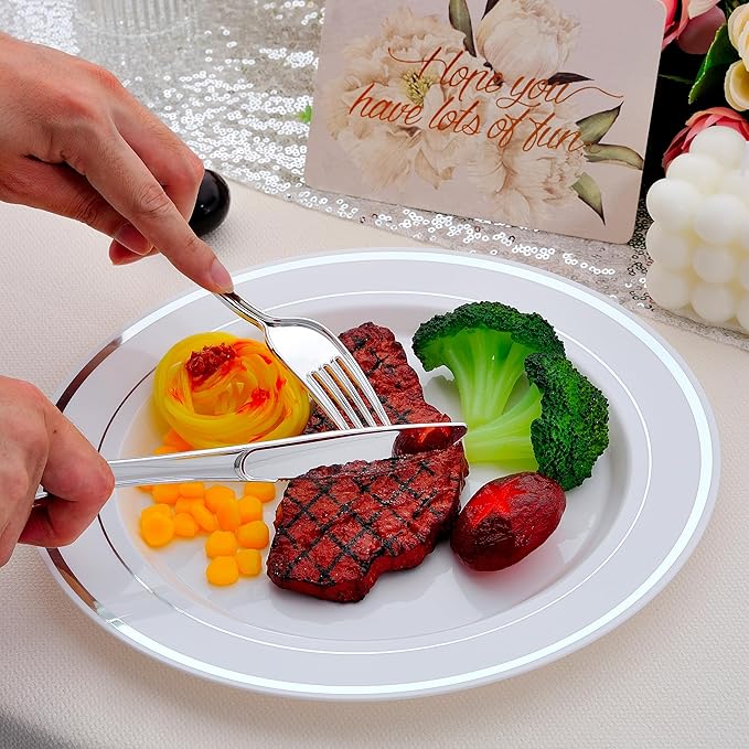50 PCS Silver and White Plastic Plates for 50 Guests,10.25inch Silver Rimmed White Disposable Plastic Plates for Wedding,Party,Birthday,Smooth Edge & Heavy Duty Dinner Plate