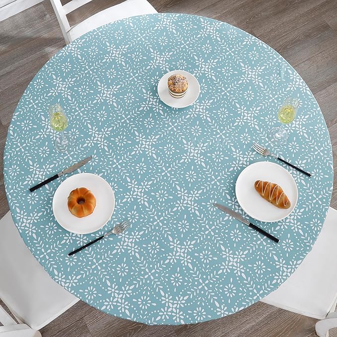 Walrus Round Vinyl Fitted Tablecloth with Flannel Backing Elastic Edge Design Table Cover Waterproof Oil-Proof PVC Table Cloth Stain-Resistant Best for 57"-66" Round