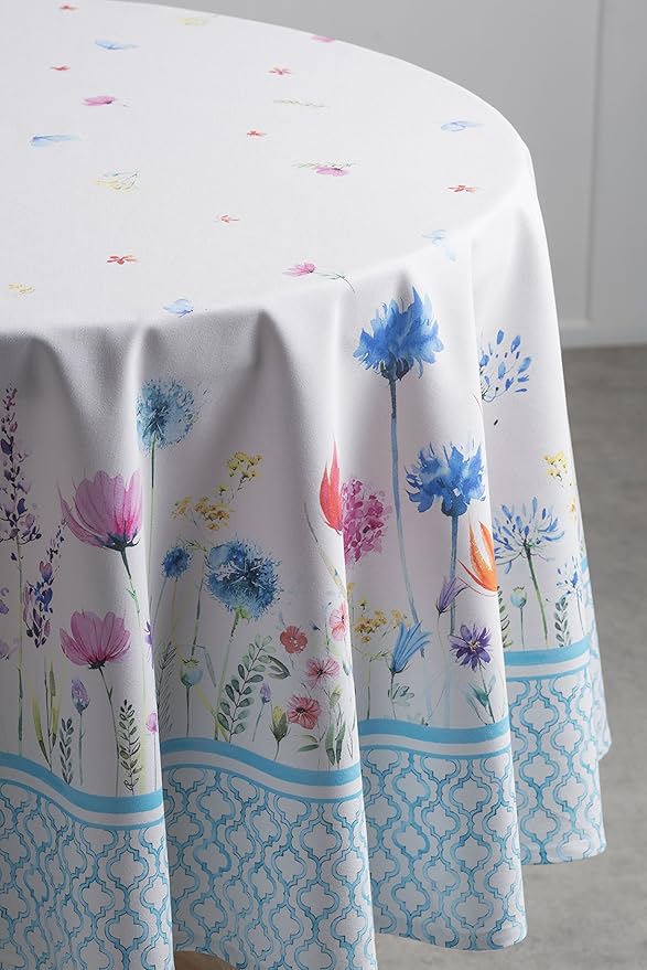 Maison d' Hermine Table Cloth Round Table 100% Cotton 69 Round Inches Tablecloth Reusable Decorative for Dining Room Farmhouse Home Valentines Day Decorations Spring Summer - Flower in The Field