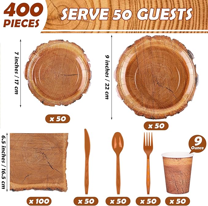 Kochorie 400 Pieces Wood Grain Slice Disposable Party Tableware Sets Rustic Wood Party Supplies Including Plates Cups Napkins Cutlery Serves 50 for Camping Birthday Forest Themed Party Decorations