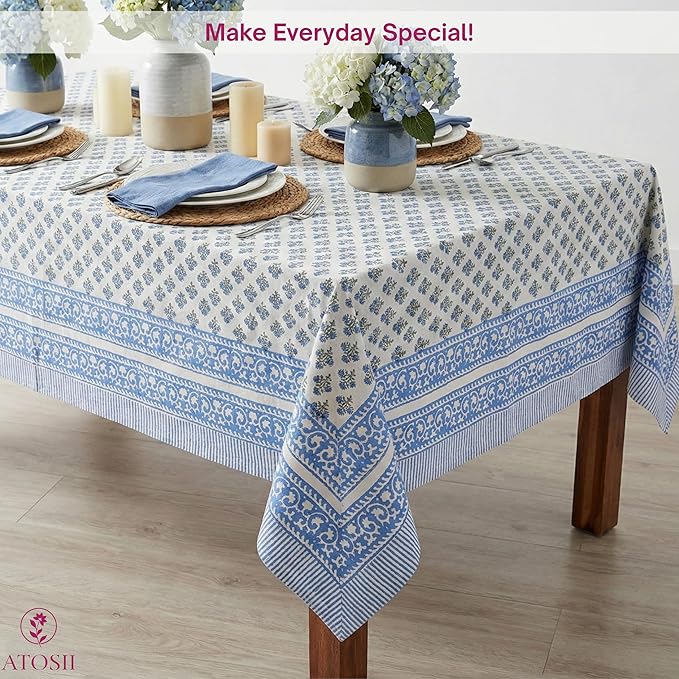 ATOSII Gulbahar Blue 100% Cotton Fall Rectangle Tablecloth, Hand Block Print Washable Table Cover, Christmas Parties Buffet Dining, Weddings, Thanksgiving Autumn Home Decor, 60 X 108 Inches 8 Seater