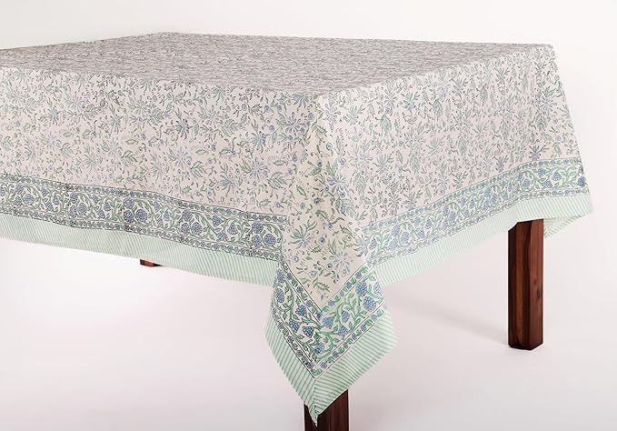 ATOSII Aster Blue 100% Cotton Fall Tablecloth, Handblock Floral Print Rectangle Linen for Kitchen Dining I Parties Weddings Christmas Thanksgiving Easter Outdoors I 72 X 108 Inches I 8 Seater Table