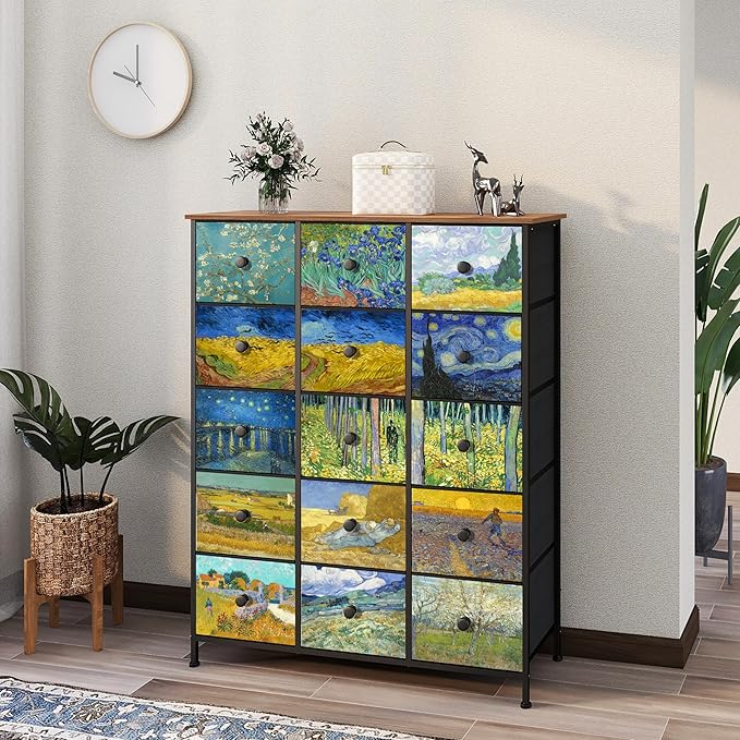 EXOTICA Large Chest of Drawers 15 Drawer Dresser Van Gogh Tall Fabric Dresser for Bedroom Living Room Entryway Closet with Sturdy Metal Frame and Wooden Top