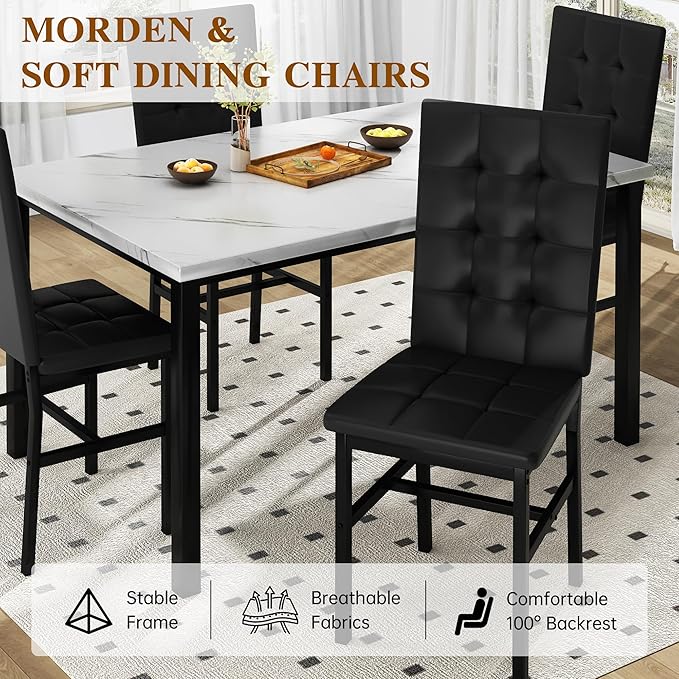 AWQM Dining Table Set for 4,Faux Marble Kitchen Table and Chairs Set of 4, Modern Dining Room Table Set for 4,Dinner Table with 4 Leather Chairs, Dinette Set for Small Spaces (White & Black)