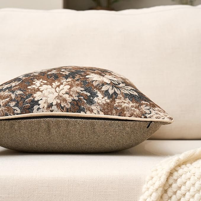 Yangest Neutral Floral Pillow Cover 12 x 20 Inches, Vintage Chenille Rectangle Throw Pillow Cover Soft Decorative Farmhouse Accent Couch Pillow Cover for Living Room Bedroom, Coffee Brown