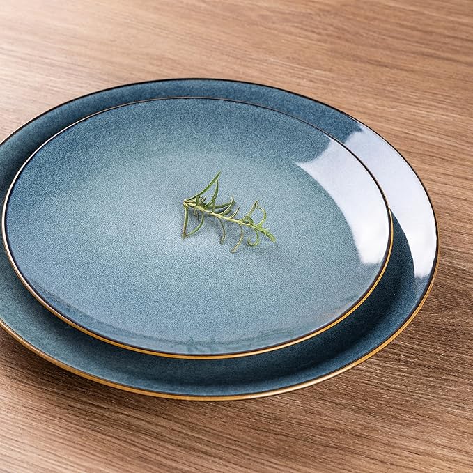 GBHOME Ceramic Dinnerware Sets for 8, 24 Pieces Stoneware Plates and Bowls Sets, Reactive Glaze Dishes -Scratch Resistant, Dishwasher&Microwave Safe-Space Blue