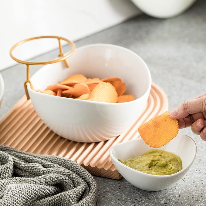 YHOSSEUN Chip and Dip Serving Set 2 Tiered Chip Dip Bowls with Metal Rack for Appetizer, Snacks - Large Chip Bowl 45 oz Small Dip Bowl 7 oz-Serving Bowls for Party, Food Dispaly - Gold Stand