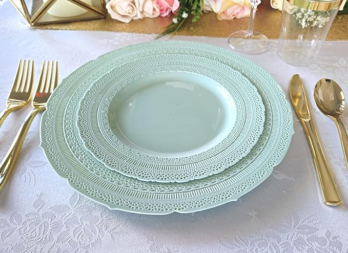 " OCCASIONS " 50 Plates Pack (25 Guests)-Extra Heavyweight Vintage Wedding Disposable/Reusable Plastic Plates -25x11'' Dinner + 25x8.25'' Salad/dessert (Chateau Mint)