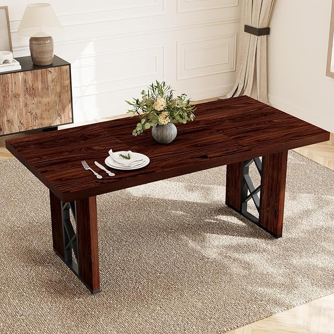 70.8" Farmhouse Dining Table for 6 People, Large Rectangle Kitchen Table with Heavy Duty Legs, Industrial Dining Room Furniture for Dinner, Walnut