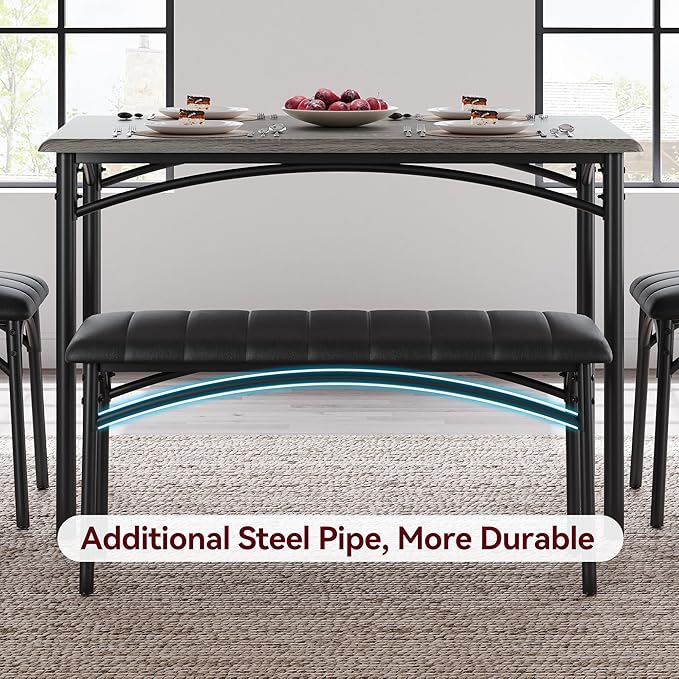 4-Piece Small Dining Table Set – Wood Table with 2 Upholstered Chairs & Bench, Space-Saving Retro Kitchen Dining Set for Small Apartment/Dining Room, Black