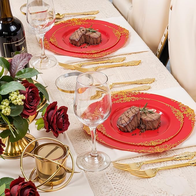 Nervure 100Pcs Red and Gold Plastic Plates - 7.5inch Red Disposable Plates - Heavyweight Plastic Plate - Dessert Plate for Wedding & Party