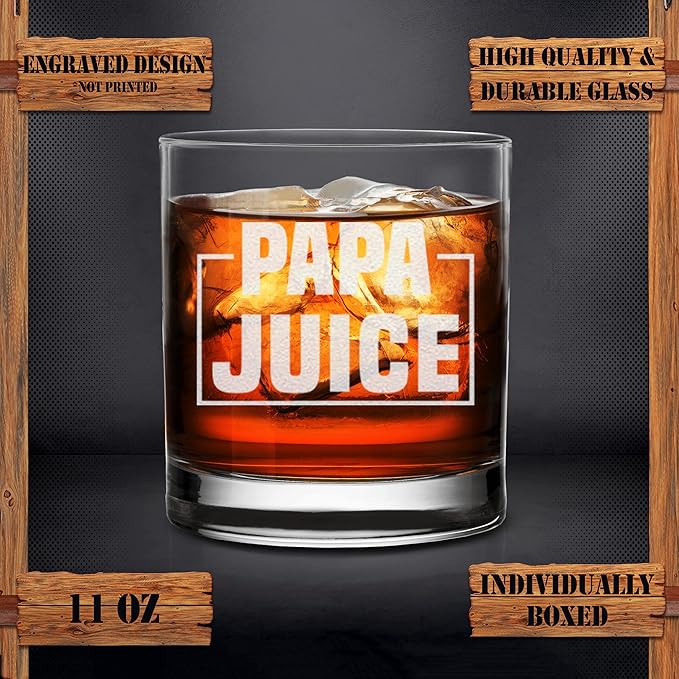 Papa Juice Whiskey Glass - Funny Birthday Retirement Fathers Day Gift for Grandpa Papa
