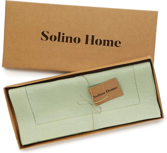 Solino Home Linen Table Runner 48 Inches - 100% Pure Linen Sage Green Hemstitch Table Runner 14 x 48 Inch Ideal for Dresser and Coffee Tables - Spring, Easter, St Patricks Day - Classic Hemstitch