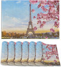Eiffel Tower Placemats Set of 6 Linen Washable, Heat-Resistant 12x18 Inch Cherry Blossoms Table Place Mats for Kitchen Dining for Home Party Holidays