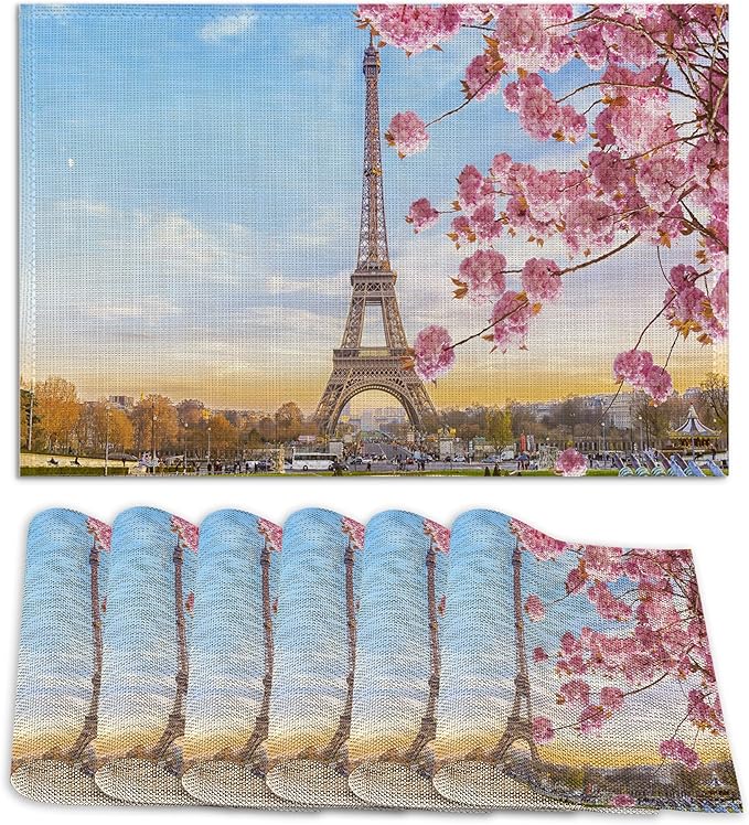 Eiffel Tower Placemats Set of 6 Linen Washable, Heat-Resistant 12x18 Inch Cherry Blossoms Table Place Mats for Kitchen Dining for Home Party Holidays