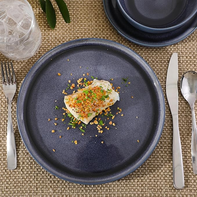 Gibson Elite Tahoe Sunset 12-Piece Reactive Stoneware Dinnerware Set – Matte Exterior & Shiny Interior Plates and Bowls, Durable Everyday Dish Set, Microwave & Dishwasher Safe - Blue