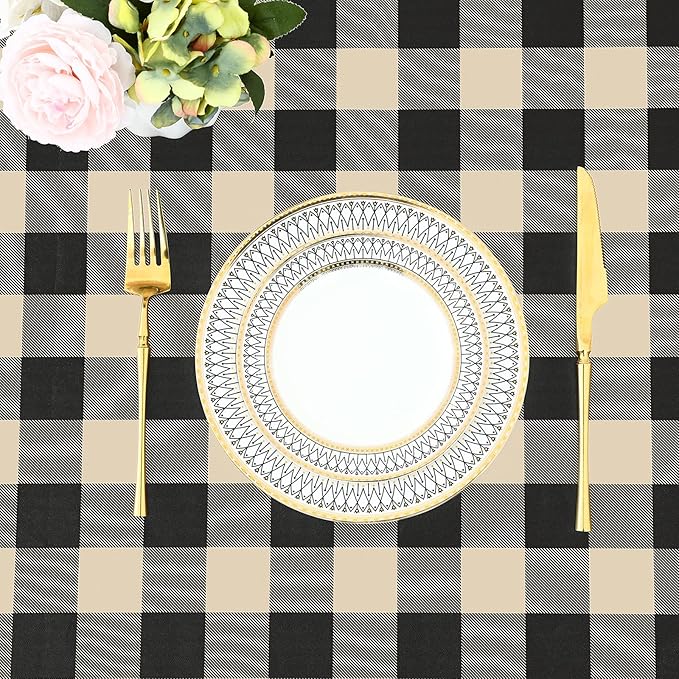 misaya Rectangle Waterproof Vinyl Table Cloth, Buffalo Flannel Backed Tablecloth, Wipeable Plastic Table Cover for Dinner, Kitchen, Outdoor (60" x 102", Black and Beige)