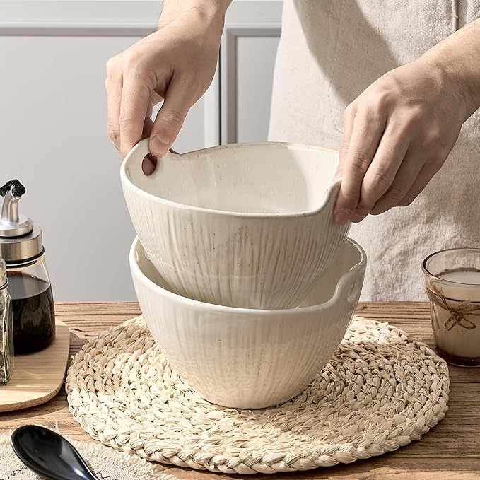 Ramen Bowl with Chopsticks and Spoons Set, 7 Inch Ceramic Noodle Bowl Set of 2, Dishwasher Safe for Pho Udon Soba Noodle Salad Pasta, Special Reactive Glazed White Bowls Set