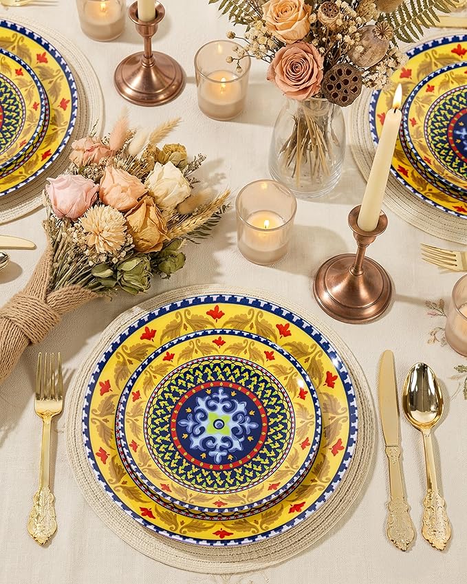 Hioasis 60pcs Plastic Disposable Plates Set - Layered Circular Pattern with Red & Yellow Accents, 10.25 Dinner & 7.5 Dessert Plates for Wedding,Anniversary,Party and Holiday