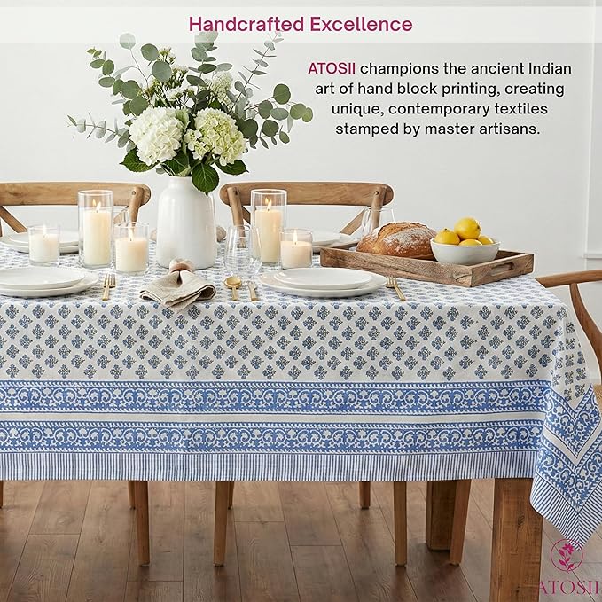 ATOSII Gulbahar Blue 100% Cotton Fall Rectangle Tablecloth, Handblock Print Floral Table Cloth for Kitchen Dining Linen I Thanksgiving Christmas Weddings Outdoors I 72 X 140 Inches I 12 Seater