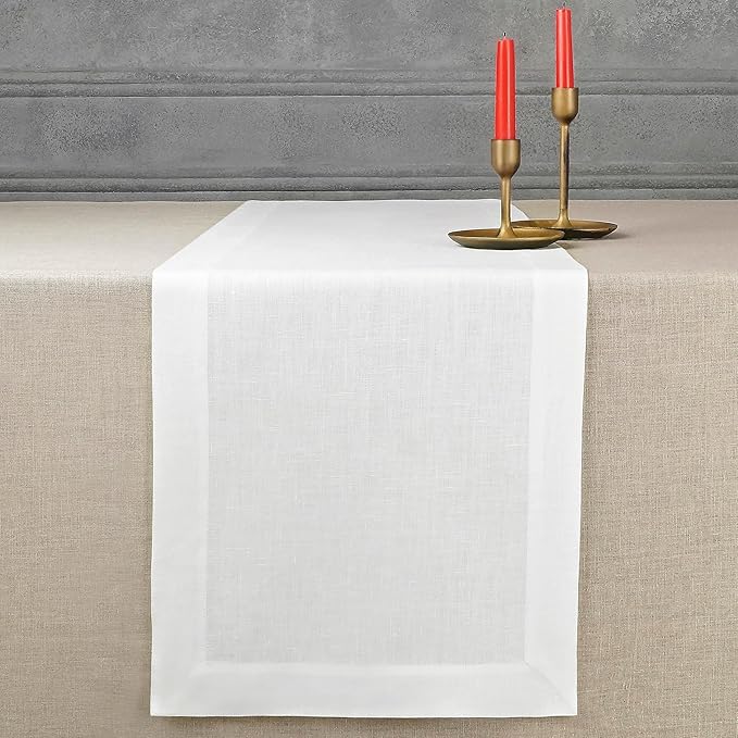 D'Moksha Homes Linen White Table Runner 132 Inches Long - 100% Pure Linen Extra Long Table Runner 14 x 132 Inch for Valentines, Spring, Easter - Machine Washable