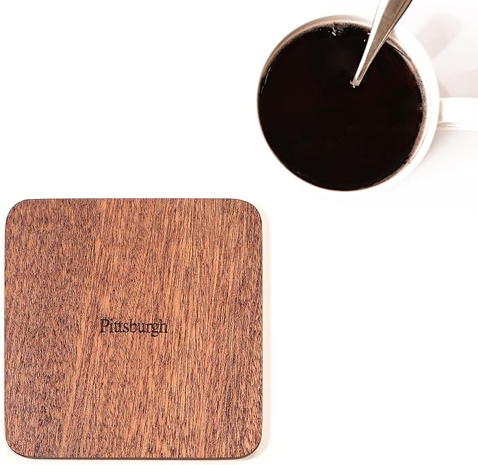 Pittsburgh Map Coaster by O3 Design Studio, Set Of 4, Sapele Wooden Coaster With City Map, Handmade