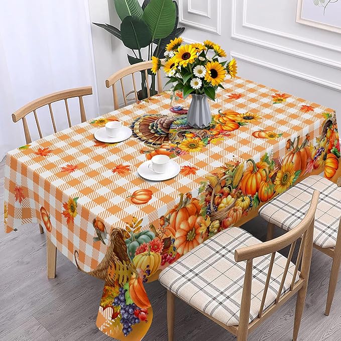 Thanksgiving Tablecloth Rectangle 60 x 120 Inch, Turkey Pumpkins Table Cloth Holiday Indoor Decor for Dining Room Party