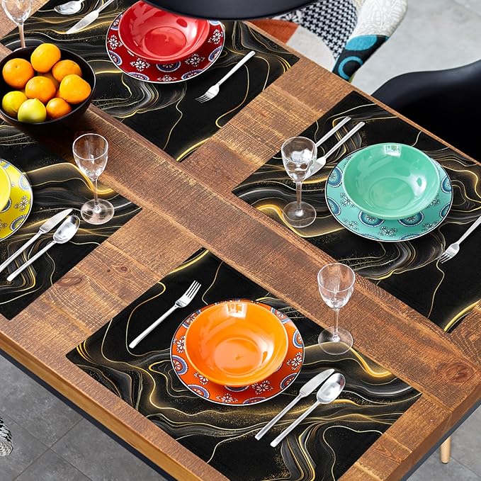 Black and Gold Placemats - Marble Place Mats Set of 4 Modern Placemats 12x18 for Dining Kitchen Farmhouse