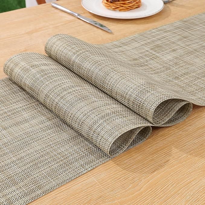 SHACOS Woven Vinyl Table Runners 12 x 54 inch Wipeable Table Runner Heat Resistant Runner for Table Indoor Outdoor, Beige