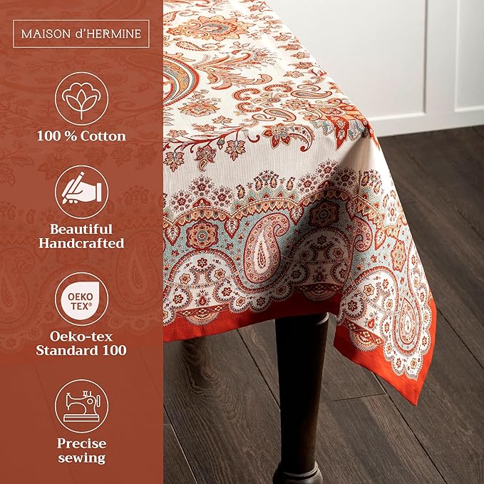 Maison d' Hermine Table Cloth Rectangle Table 100% Cotton 70 x 108 Inches Fall Tablecloth Reusable Everyday Use for Thanksgiving Christmas Decorations Dining Farmhouse Party (Cachemire)