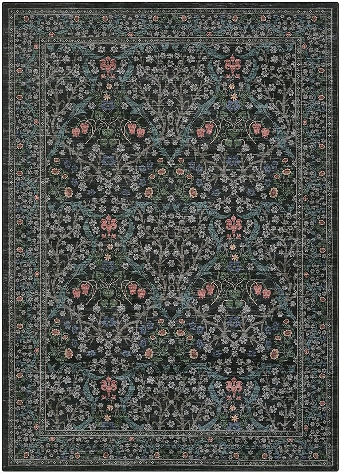 GarveeHome Floral Area Rugs 5x7, Washable Rug for Living Room, Bedroom, Low Pile Non Slip Stain Resistance Indoor Boho Carpet Mat for Farmhouse, Dining Room, Office,Dark Black