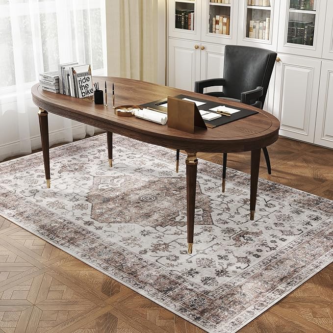 HOMCOM Washable Area Rug, 5'x7' Vintage Indoor Distressed Carpet, Retro Floor Cover Foldable, Floral Print Mat for Living Room, Bedroom, Dining Room, Tan